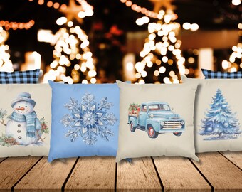 Christmas Pillow Case Bundle, Winter Pillow Cover Bundle, Christmas Time Pillow Covers, Double Sided Cushion Covers, Blue Home Decor Gift