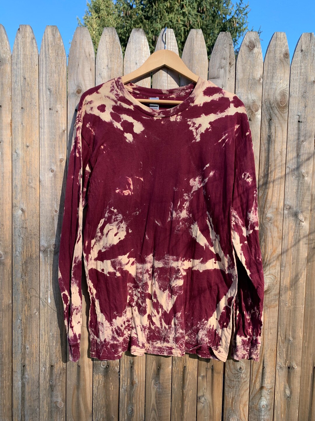 Large Maroon Tie Dye Longe Sleeve Shirt, Bleach Dye, Reverse Tie Dye