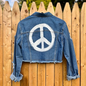 XL Hand Painted Peace Sign Denim Jacket, Upcycled Art, Painted Clothing, Jean Jacket, Wearable Art, Women’s Denim Jacket, Gift for Her