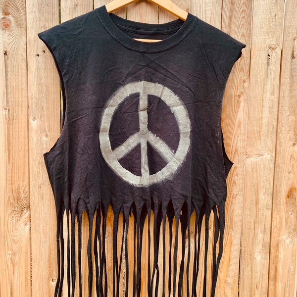 XL Peace Sign Hand Painted Fringe Tassel Distress Cut Tank Top Shirt, Crew Neck Shirt, Unisex Shirt, Women’s Shirt, Men’s Shirt