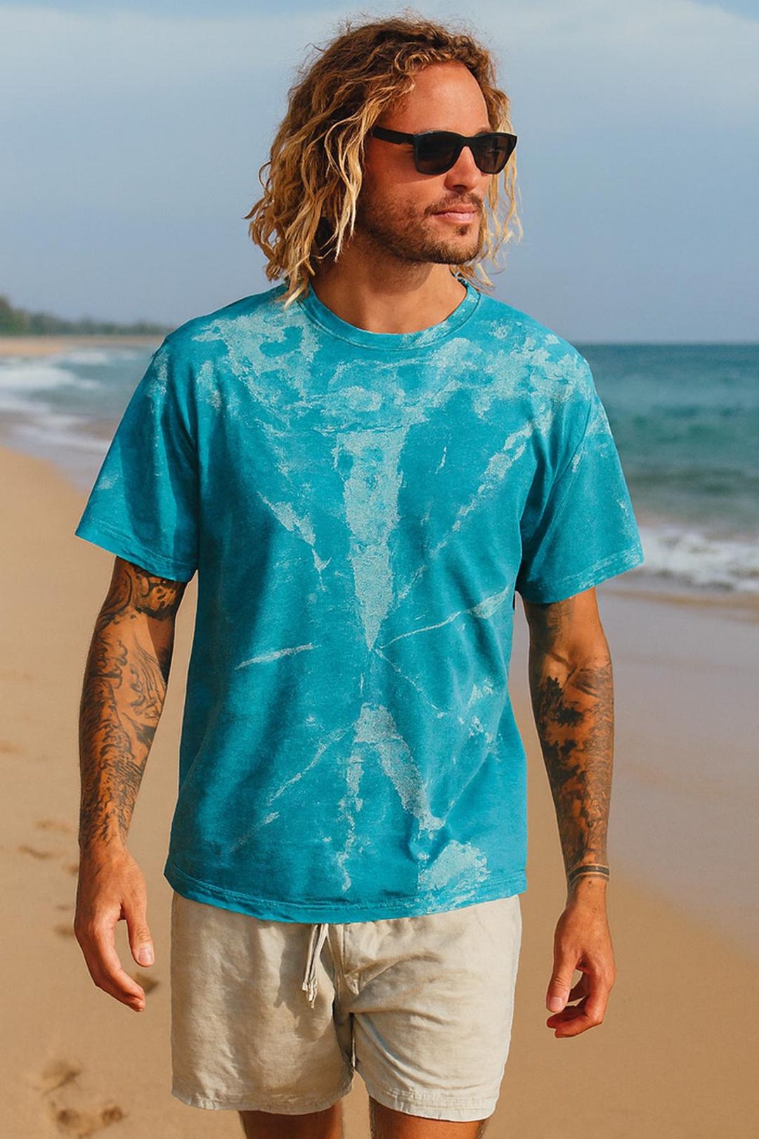 XL Turquoise Teal Blue Tie Dye Bleach Dye Crew Neck T-shirt