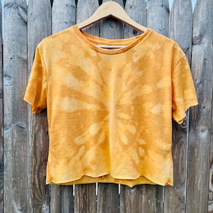 Large Yellow Cropped Tie Dye Bleach Dye Festival Shirt, V Neck Shirt, Unisex shirt, women’s shirt, gift for her