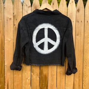 XL Black Hand Painted Peace Sign Denim Jacket, Upcycled Art, Painted Clothing, Jean Jacket, Wearable Art, Women’s Denim Jacket, Gift for Her