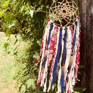 Americana Dreamcatcher, Yarn Art, Fiber Art, Macrame Wall Hanging, Boho Decor, Upcycled Art, Home Decor, Nursery Decor, Gift for Her