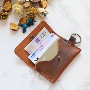 Personalized Brown Leather Keychain Card Wallet Minimalist 