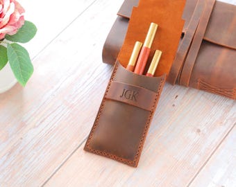 Personalised Leather Pen Pouch, Genuine Leather Pen Holder, Leather Pencil Case, Handmade Pencil Case, Birthday gift,