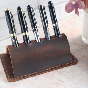 Leather Pen Holder for Desk, Personalised Pen Organizer, Pencil Holder, Pen Holder Desk Tidy, Handmade Genuine Leather Pen Holder Brown