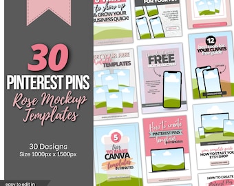 Pinterest Pin Mockup Templates: Rose Design, Canva Editable (Digital Download)