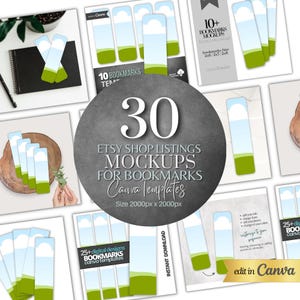 Könnte beinhalten: 30 Etsy-Shop-Listing-Mockups für Lesezeichen. Canva-Vorlagen, Größe 2000 x 2000 Pixel. Die Mockups zeigen einen blauen Himmel, grünes Gras und weiße Wolken. Der Text "edit in Canva" ist in der rechten unteren Ecke sichtbar.