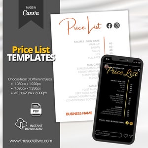 Modelos editáveis de lista de preços | ouro & cartão de preços preto do salão de beleza | Massagem - Spa - Modelo de guia de preços do Canva para cabeleireiro