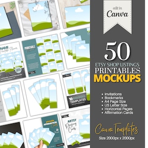 50 druckbare Produkte, die Mockups, Einladungen Mockups, Lesezeichen Mockups, Affirmationskarten Mockups, A4 Größe Mockups, Planer Mockups