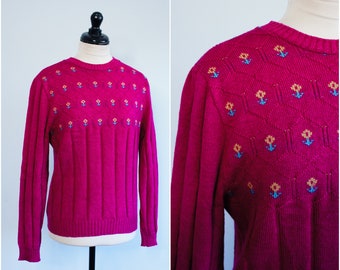 90s Pendleton pink wool jumper sweater, Size Small Medium - floral, crew neck