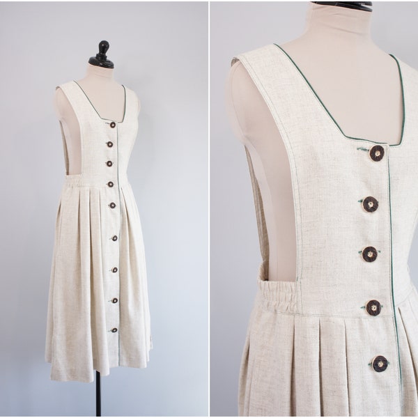 90s cotton linen dirndl pinafore dress, Size Small Medium - square neck, ankle length, sleeveless, full skirt