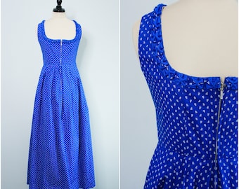 90s blue cotton dirndl pinafore dress, Size Medium - square neck, ankle length, sleeveless, full skirt, tall