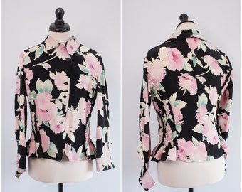 80s-does-40s silk floral blouse with long sleeves, Size Small - black pink and green, asymmetric button closure