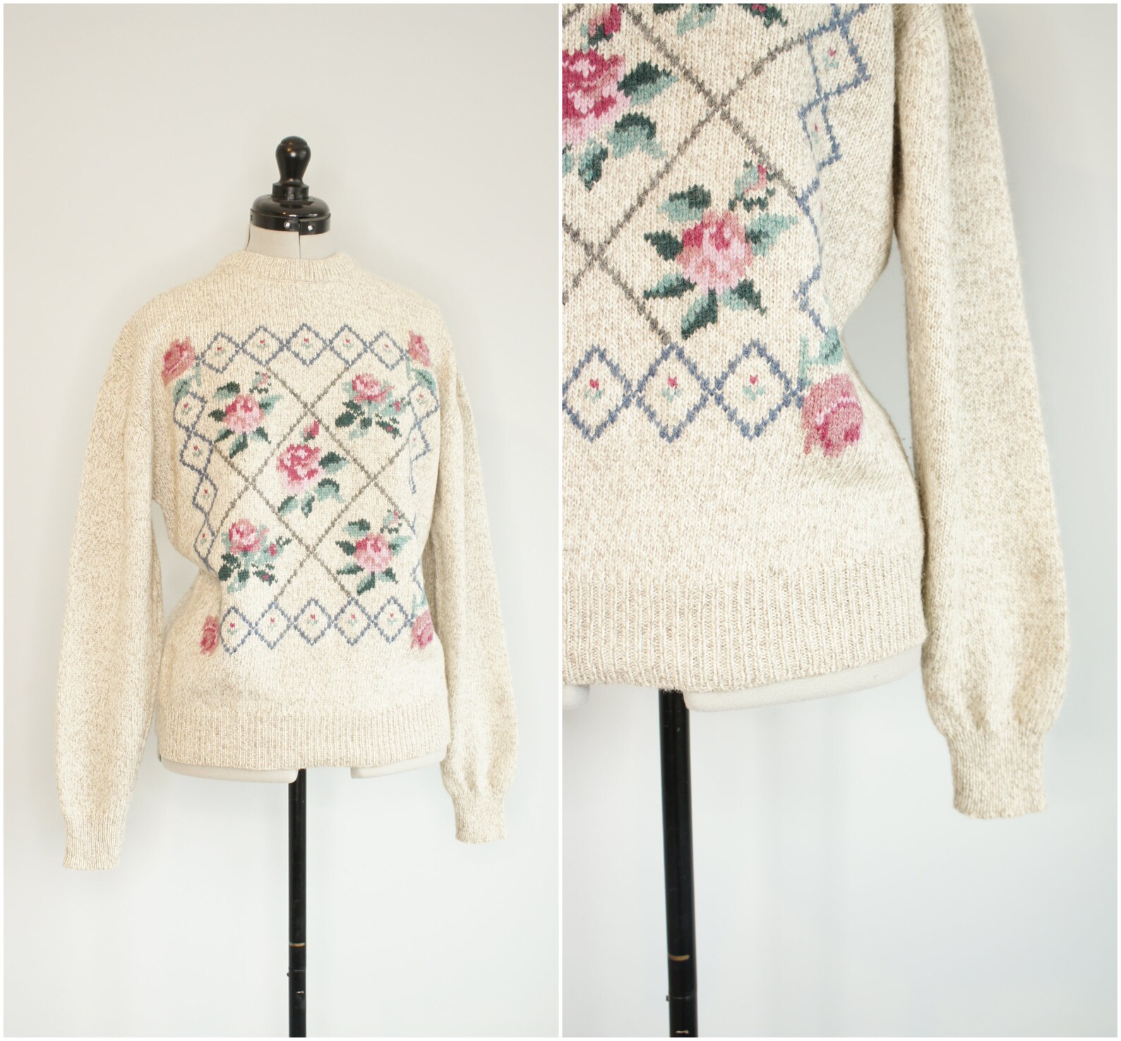 90's Eddie Bauer lambswool oatmeal sweater with rose trellis