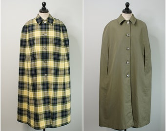 60s tartan wool reversible cape, Size Small Medium - collar, blue green and yellow, button closure