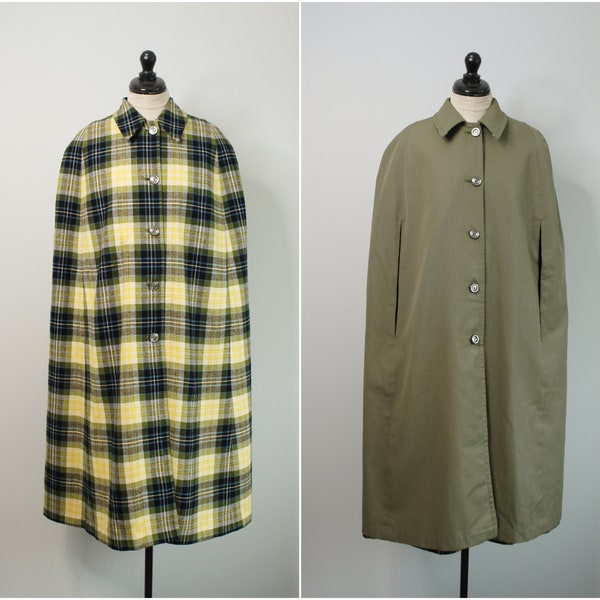 60s tartan wool reversible cape, Size Small Medium - collar, blue green and yellow, button closure