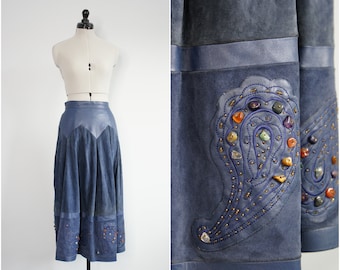 80s steel blue suede and leather midi skirt, Size Small Medium - zip zag panels with semi-precious bead details in a paisley pattern