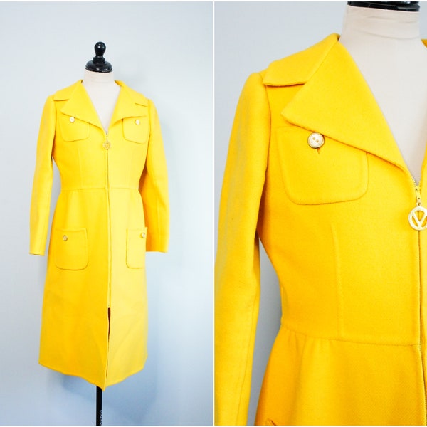 Manteau en laine jaune canari vif années 60, taille S - manches longues, fermeture à glissière, poches plaquées