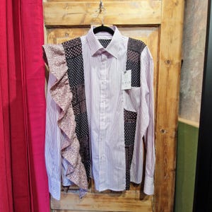 Upcycled Patchwork Statement Blouse – Button Up Shirt ruffle detail (M-L)
