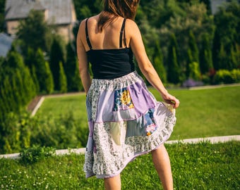 Upcycled Patchwork Midi Skirt – Reworked Fabrics (S–M)