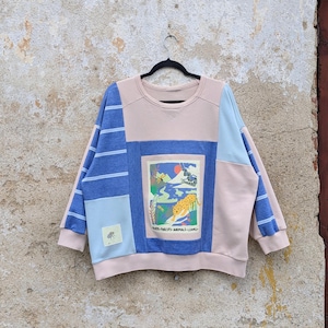 May include: A color-blocked sweatshirt featuring panels of light pink, light blue, and heather blue with horizontal stripes. The center displays a rectangular graphic of a jungle scene with a leopard, snake, and the text RIVERS-FORESTS-ANIMALS-LEAVES.