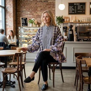 Upcycled Patchwork Statement Blouse – Button Up Shirt with Floral Puff Sleeves (L-XL)