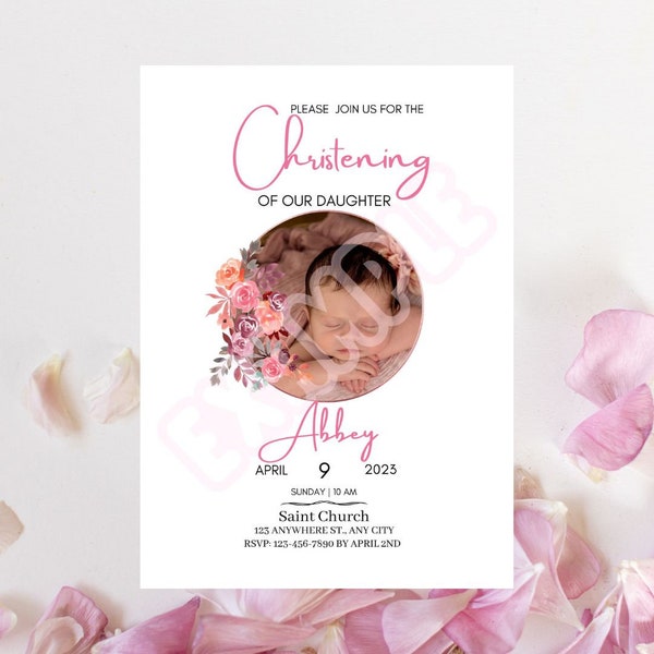 Girls Christening Invitation, Customised for you, Digital print yourself or send digital version, floral, pink