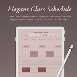 Op de afbeelding: Een digitale tablet met een klasrooster sjabloon met een stoffige roze achtergrond. De sjabloon heeft de titel "Class Schedule" en bevat velden voor naam, termijn en een wekelijks rooster. Het rooster is verdeeld in 30 minuten tijdsloten van 7:00 uur tot 17:00 uur. De dagen van de week staan bovenaan het rooster en de tijdsloten staan links langs de zijkant. De sjabloon is ontworpen voor gebruik met notitie-apps zoals Notability en GoodNotes.
