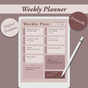 May include: A digital weekly planner template with a pink and white color scheme. The planner includes sections for Monday through Sunday, to-do lists, notes, and self-care. The text "Week beginning 1/17/22" is at the top of the planner.