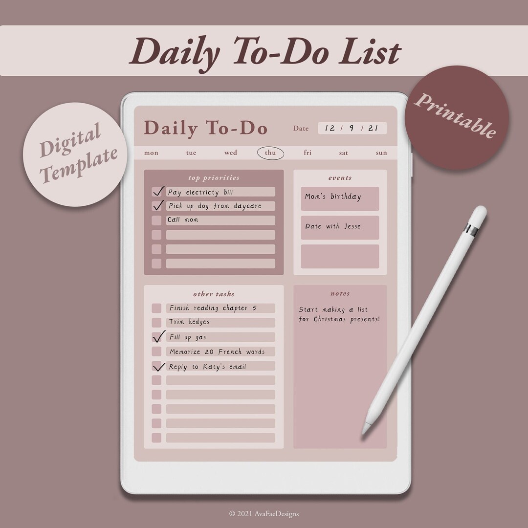 Daily Todo List Digital Template / Printable PDF / Dusty Rose Palette