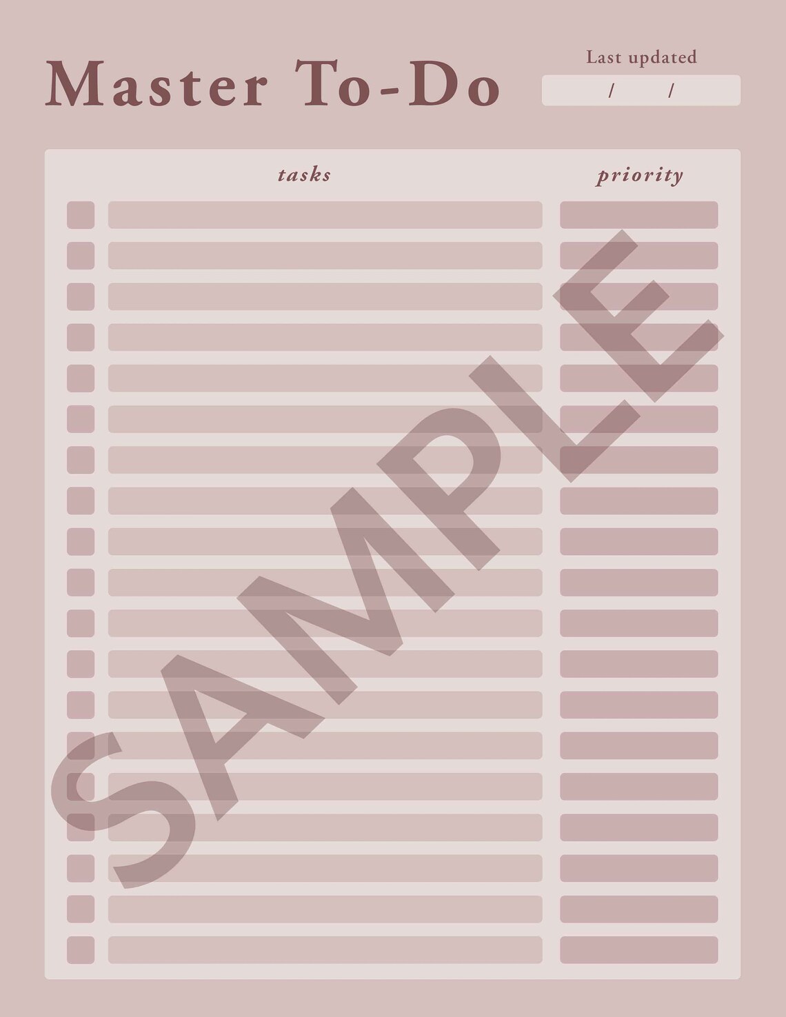 Master Todo List Digital Template / Printable PDF / Dusty Rose Palette