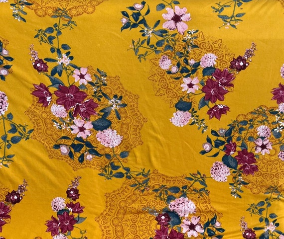 Mustard Paisley Pink Floral Double Brushed Jersey Knit Fabric, by - Main Image