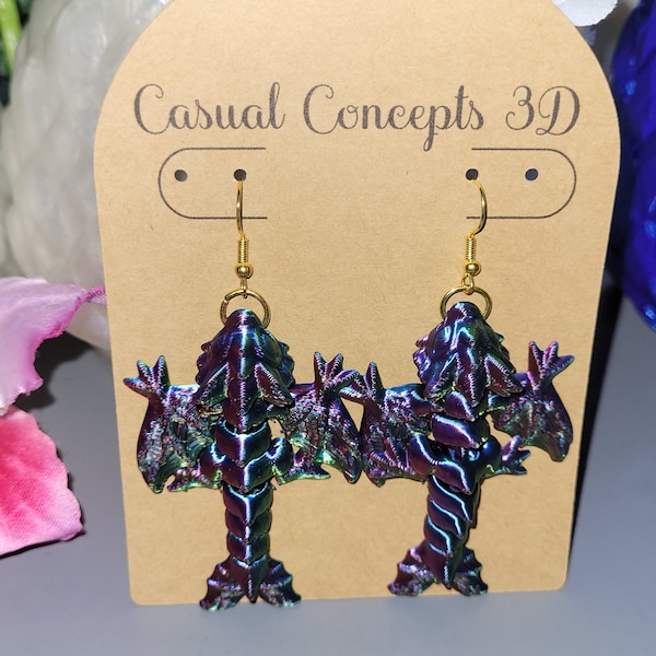 Crystal Baby Dragon Earrings 3D Printed. Articulated.