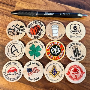 1.5" Personalized Wood Coins | Custom Printed Wooden Nickels | Wood Round Party Favors | Round Tuits | Drink Tokens | Bar Chips