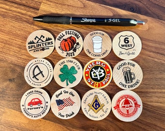 1.5" Personalized Wood Coins | Custom Printed Wooden Nickels | Wood Round Party Favors | Round Tuits | Drink Tokens | Bar Chips