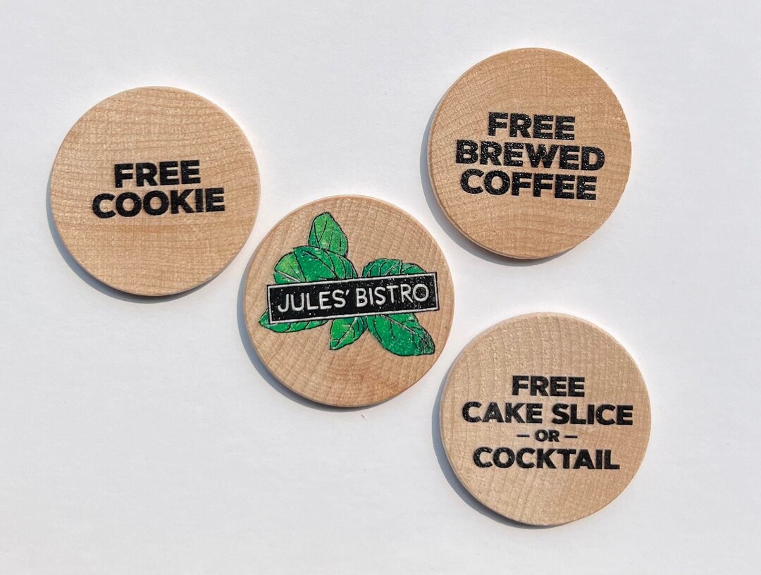 1.5 Custom Printed Wooden Nickels Wood Coins Round Tuits Drink Tokens