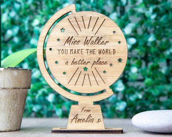 Personalised Teacher Gifts Engraved Wooden Globe Nursery / School Leaving Present Oak
