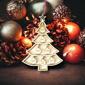 May include: A wooden Christmas tree ornament with the year 2023 at the top and names of family members on the ornaments: Jamie, India, Mollie, Angellika, Eva-May, and Liam.