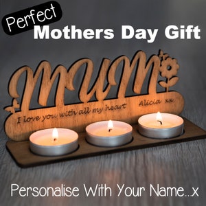 Personalised Gift Mothers day Best Mum Mummy Wooden Candle Holder Oak Birthday Gran Nan Birthday