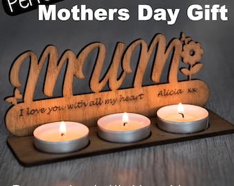 Personalised Wooden Candle Holder | Mother’s Day Gift for Mum, Mummy, Gran, Nan | Oak Birthday Present
