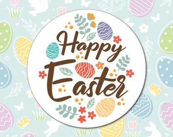 50x Happy Easter Eggs Labels, 45mm Self-adhesive vinyl Stickers, Multipack Stationery Craft Decor Labels