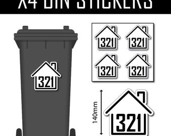 May include: Four black and white house number stickers with the number 321. The stickers are 140mm tall and 145mm wide. The stickers are shown on a gray trash can.
