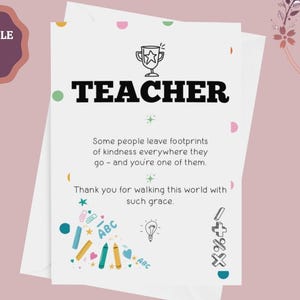 Carte de remerciement de professeur imprimable, carte de professeur, carte de remerciement de professeur, cadeau de fin d'année, carte d'un étudiant, téléchargement immédiat