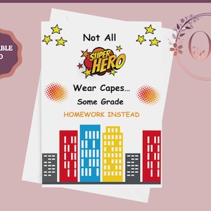 Biglietto di ringraziamento per l'insegnante con supereroi stampabile, biglietto di ringraziamento per l'insegnante, biglietto di fine anno scolastico, biglietto per educatori, insegnante di scuola elementare, download immediato