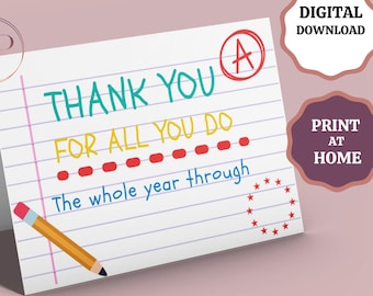 Printable Teacher Appreciation Card, Thank You Card for Teacher, Teacher Appreciation Week, End of Year Teacher Gift, Digital Download