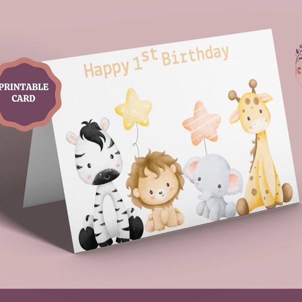 Printable Safari First Birthday Card For Son, Jungle 1st Birthday Grandson Nephew, Zoo Animal Card Instant Download