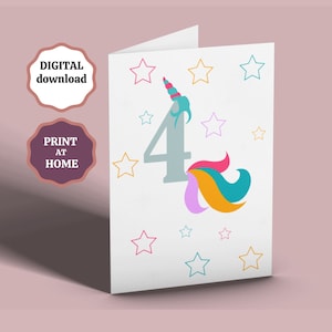 4th Birthday Card Printable, Unicorn Birthday Card, 4 Year Old Birthday, Daughter 4th Birthday, Card for Granddaughter Sister Niece