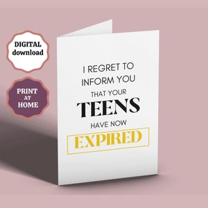Cartão de aniversário de 20 anos para impressão, cartão para 20, lamento informar que seus adolescentes expiraram, cartão de aniversário de piada engraçada, download digital